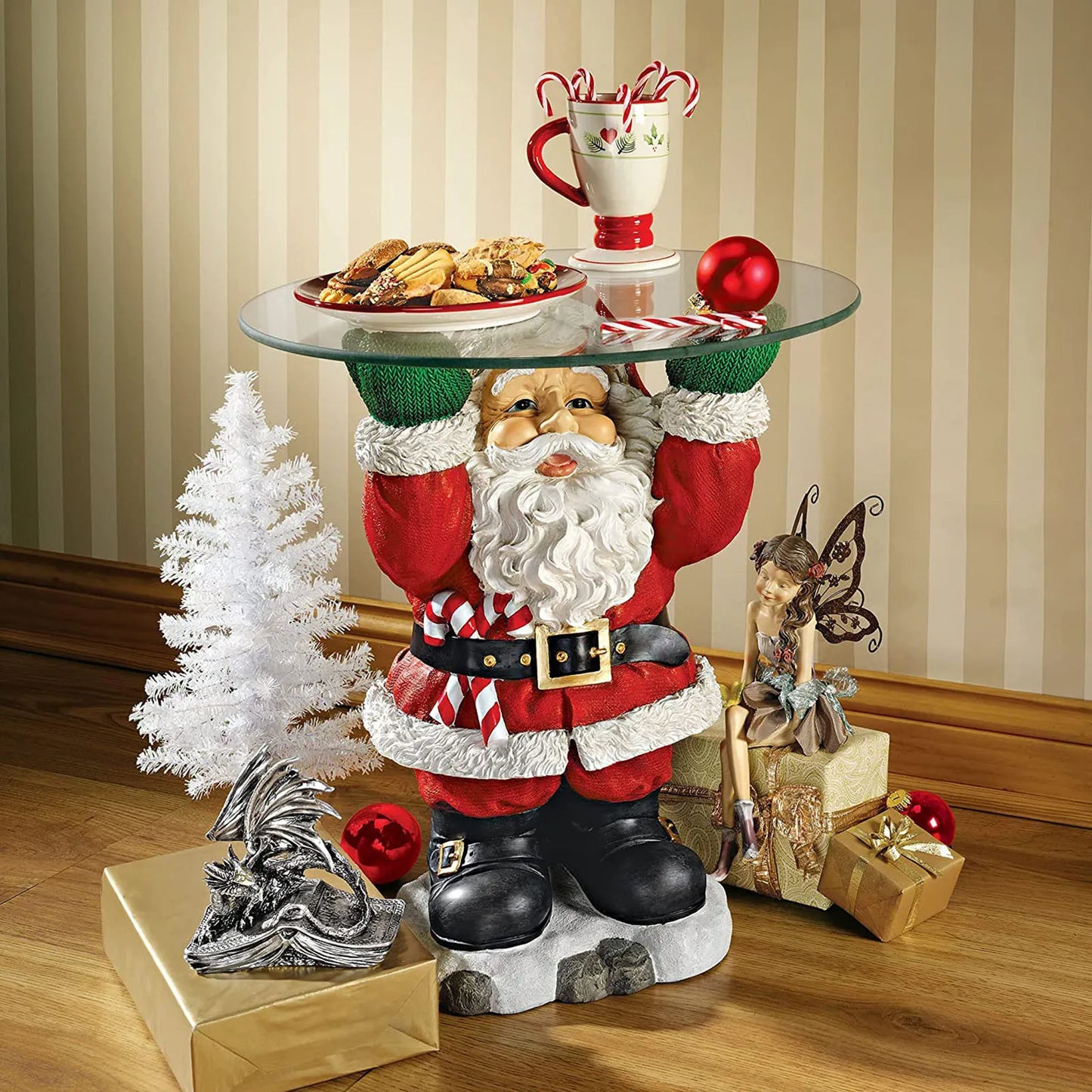 Resin Santa Claus Statues Holding Snack Tray Christmas Figurine with Treats Holder Cake Dessert Stand Fruit Plate for Xmas Party