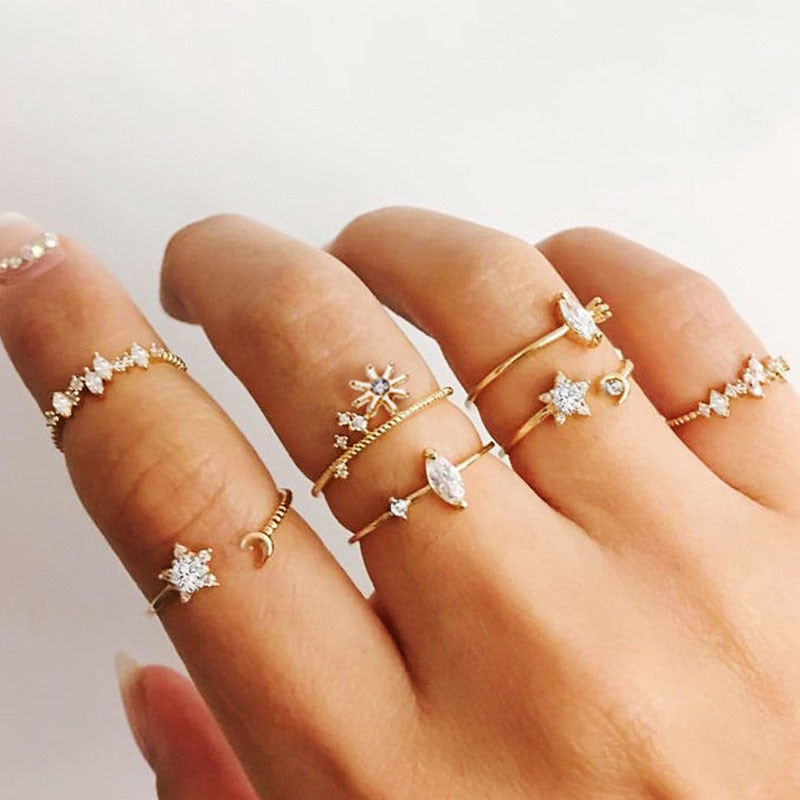 Bohemian Butterfly Ring Set For Women Crystal Inlayed Flower Knuckle Ring Female Charm Jewelry