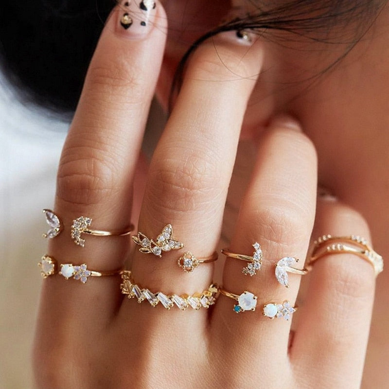 Bohemian Butterfly Ring Set For Women Crystal Inlayed Flower Knuckle Ring Female Charm Jewelry