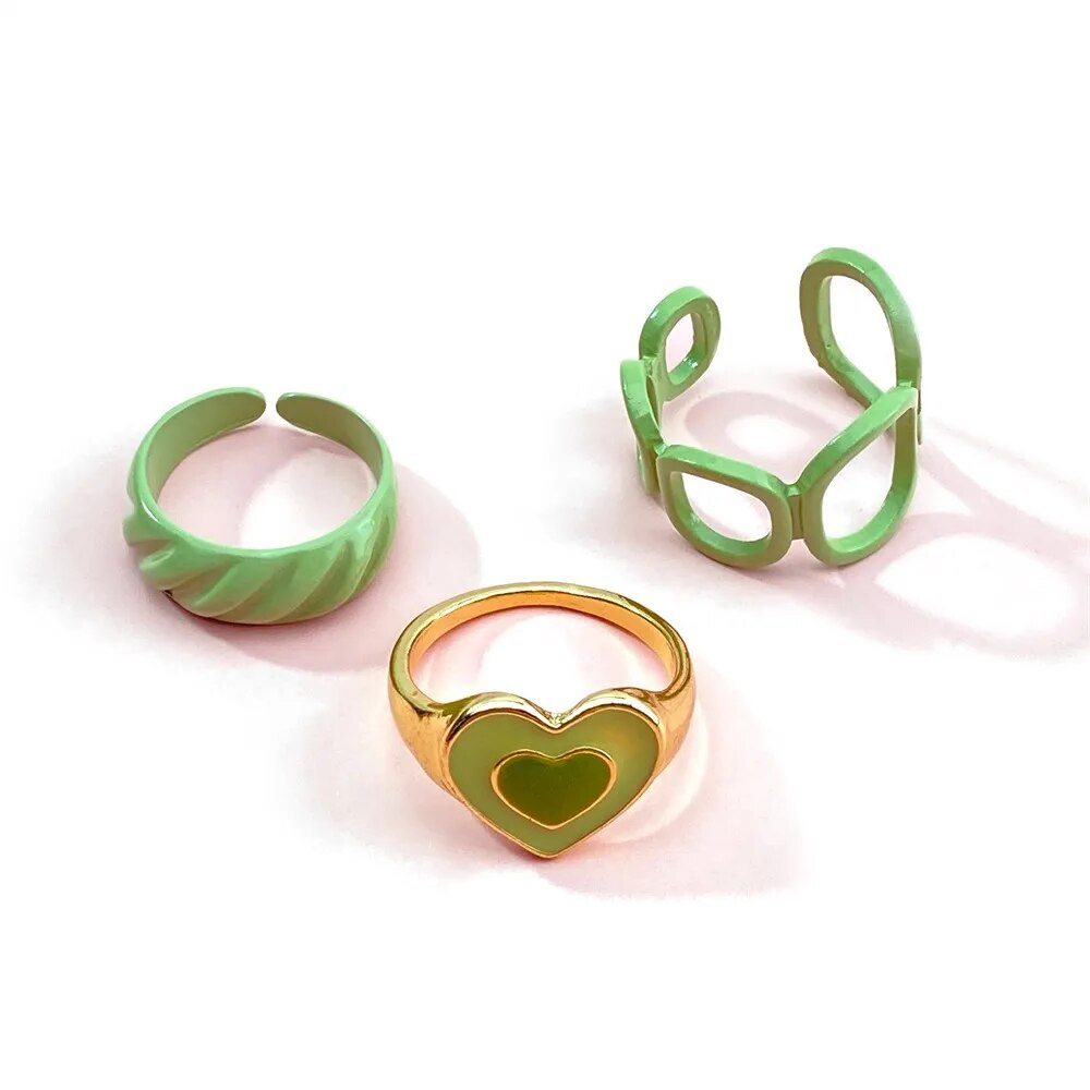 Y2K Style Korean Colorful Resin Chain Rings Set for Women Fashion Colorful Multilayered Heart Ring