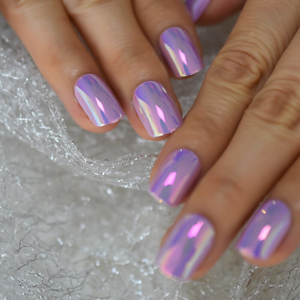 Nails Series Pink Purle Short Chrome Holographic Press On Nails Square Natural Shape Charming Manicure Tips 24pc