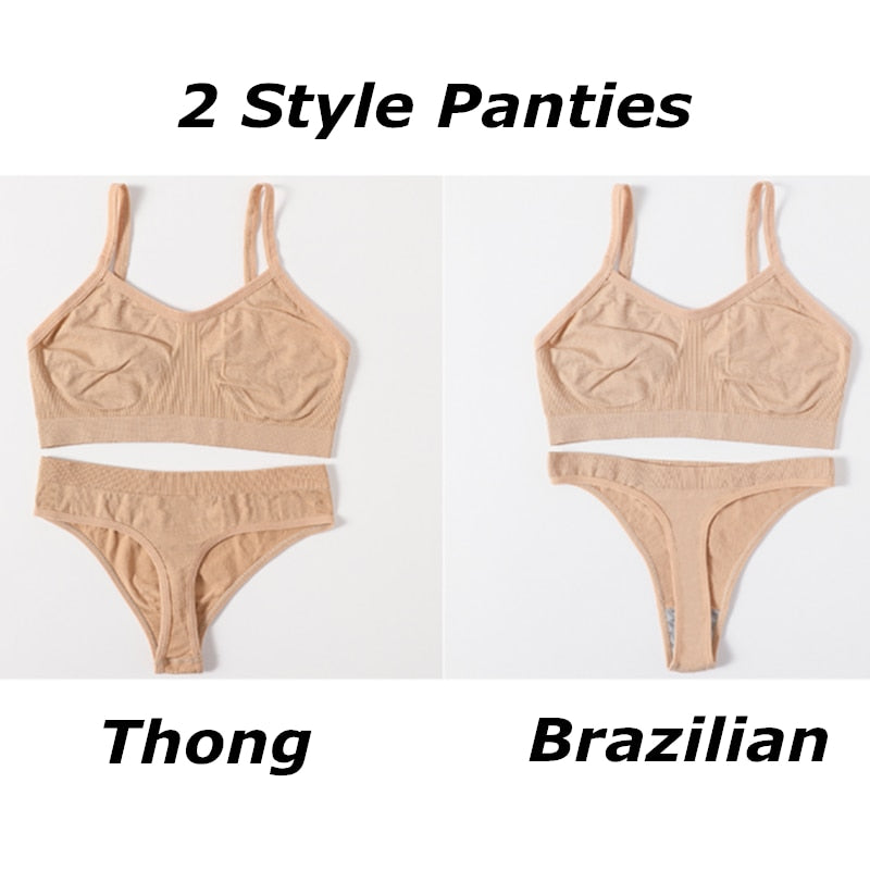 Women Seamless Bra Set Sexy Lingerie Low Waist Thongs Panties Female Comfort Bralette Brassiere Sports Ribbed Underwear Set