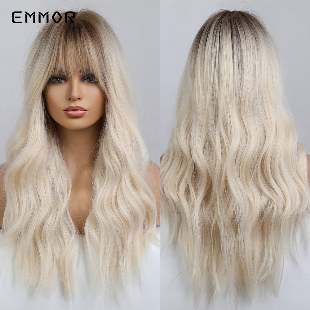 Synthetic Long Wavy Wigs with Bangs for Women Cosplay Natural Ombre Black to Pink Hair Wig High Temperature Fiber