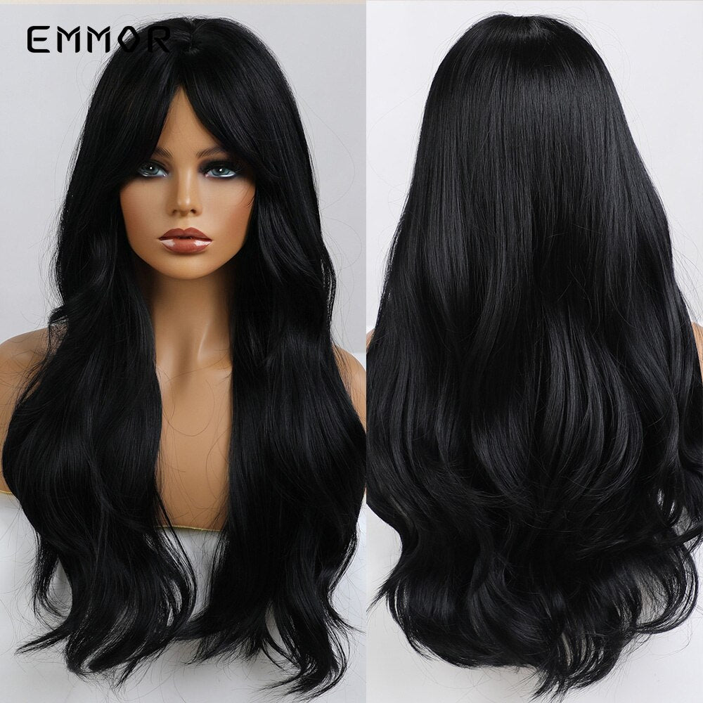 Synthetic Long Wavy Wigs with Bangs for Women Cosplay Natural Ombre Black to Pink Hair Wig High Temperature Fiber