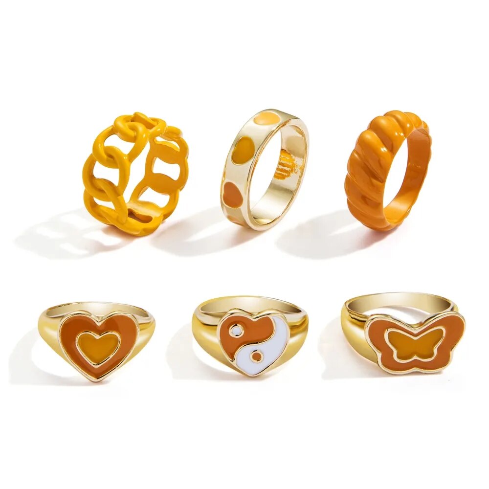 Y2K Style Korean Colorful Resin Chain Rings Set for Women Fashion Colorful Multilayered Heart Ring