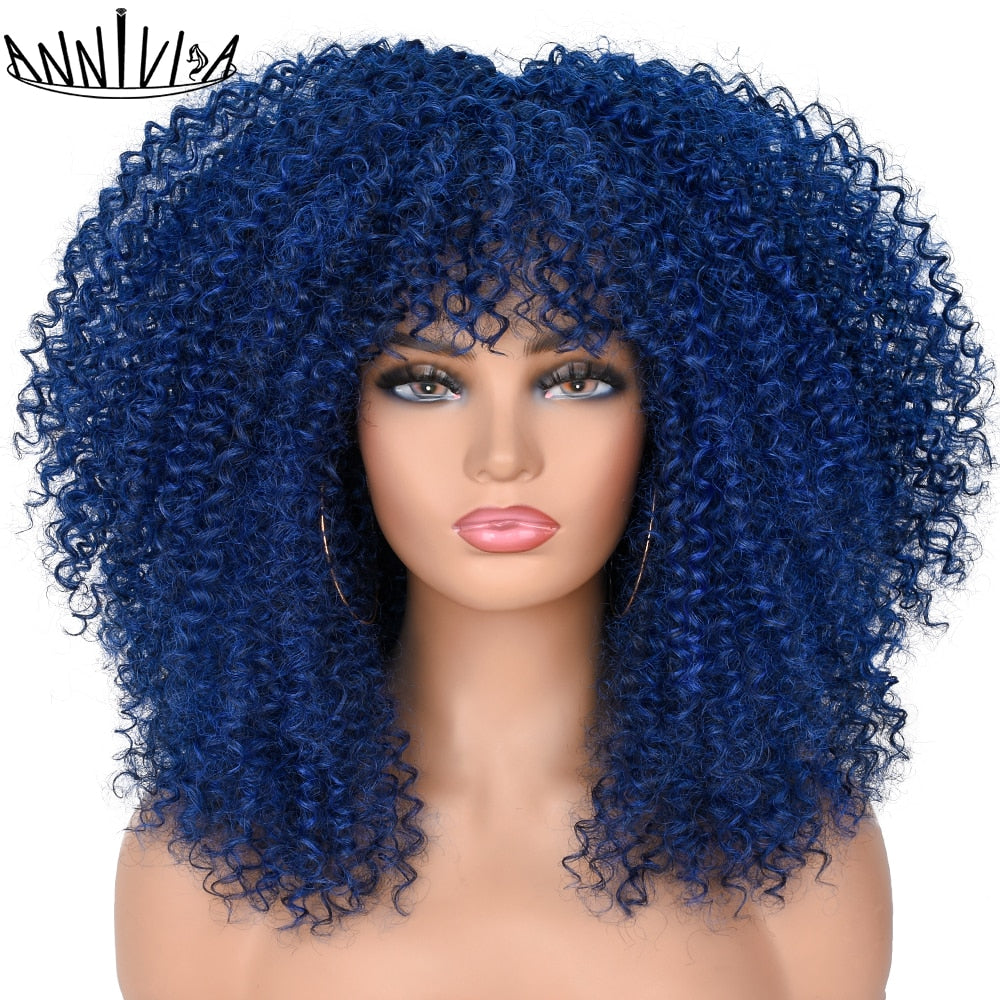 Short Hair Afro Kinky Curly Wigs With Bangs For Black Women Fluffy Synthetic African Ombre Glueless Brown Blonde Cosplay Wigs