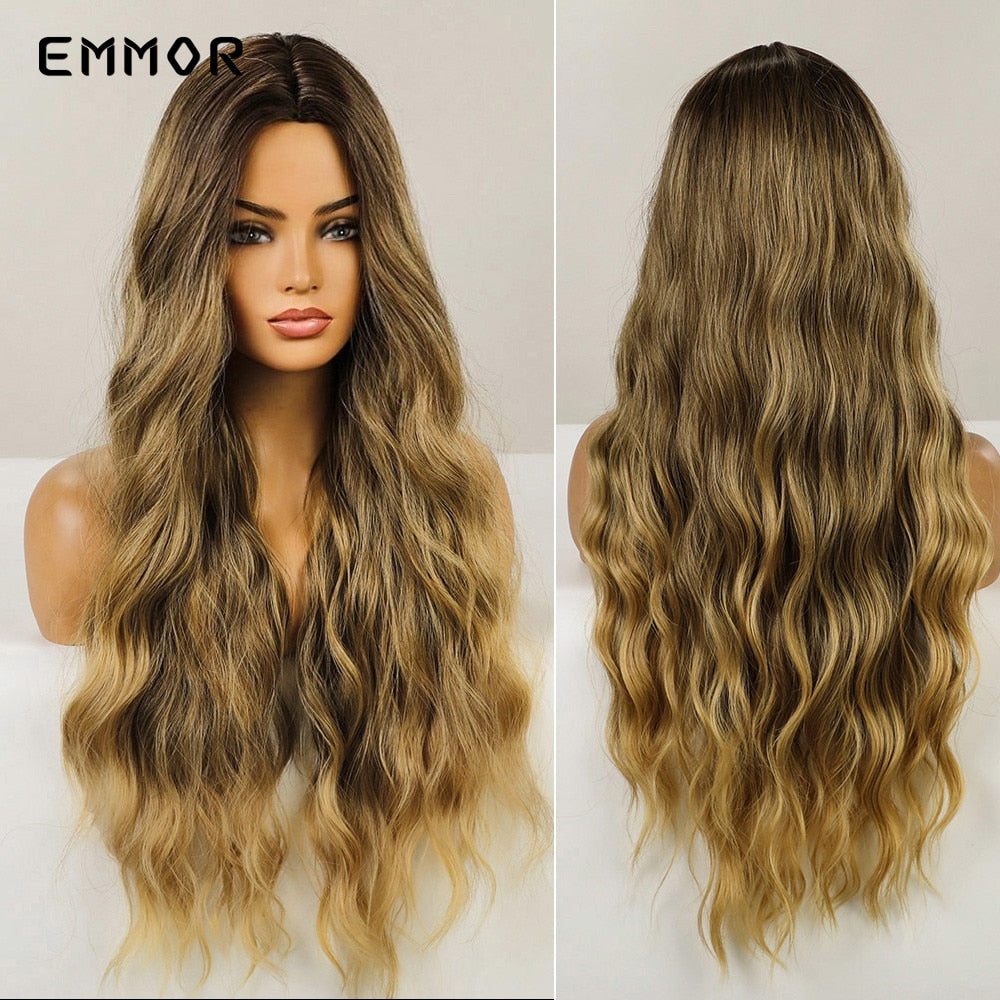 Synthetic Long Wavy Wigs with Bangs for Women Cosplay Natural Ombre Black to Pink Hair Wig High Temperature Fiber