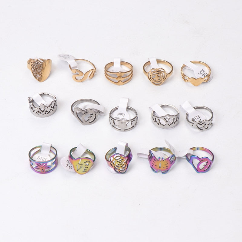 Pack of 15pcs Stainless Steel Hollow Mix Heart Crown love Animal Flower Geometric Rings For Women Party Gift (4 Colors)