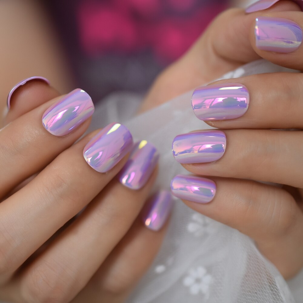 Nails Series Pink Purle Short Chrome Holographic Press On Nails Square Natural Shape Charming Manicure Tips 24pc