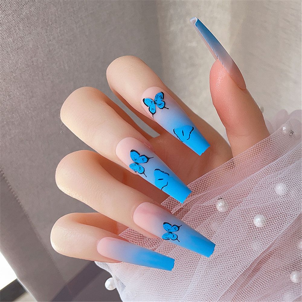 Lilac gradient Butterfly Pattern Fake Nails Full cover False Nails Extra Long Ballerina Coffin Nails Manicure Nail Art