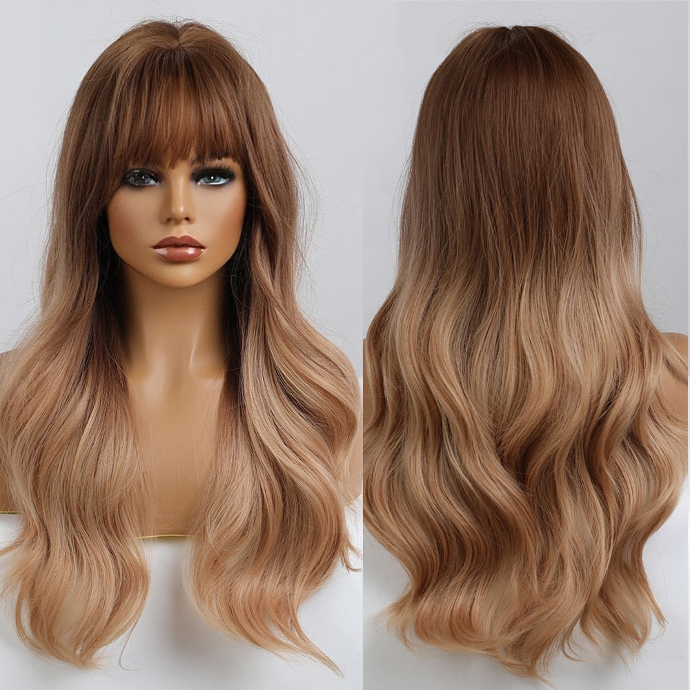 Synthetic Long Wavy Wigs with Bangs for Women Cosplay Natural Ombre Black to Pink Hair Wig High Temperature Fiber