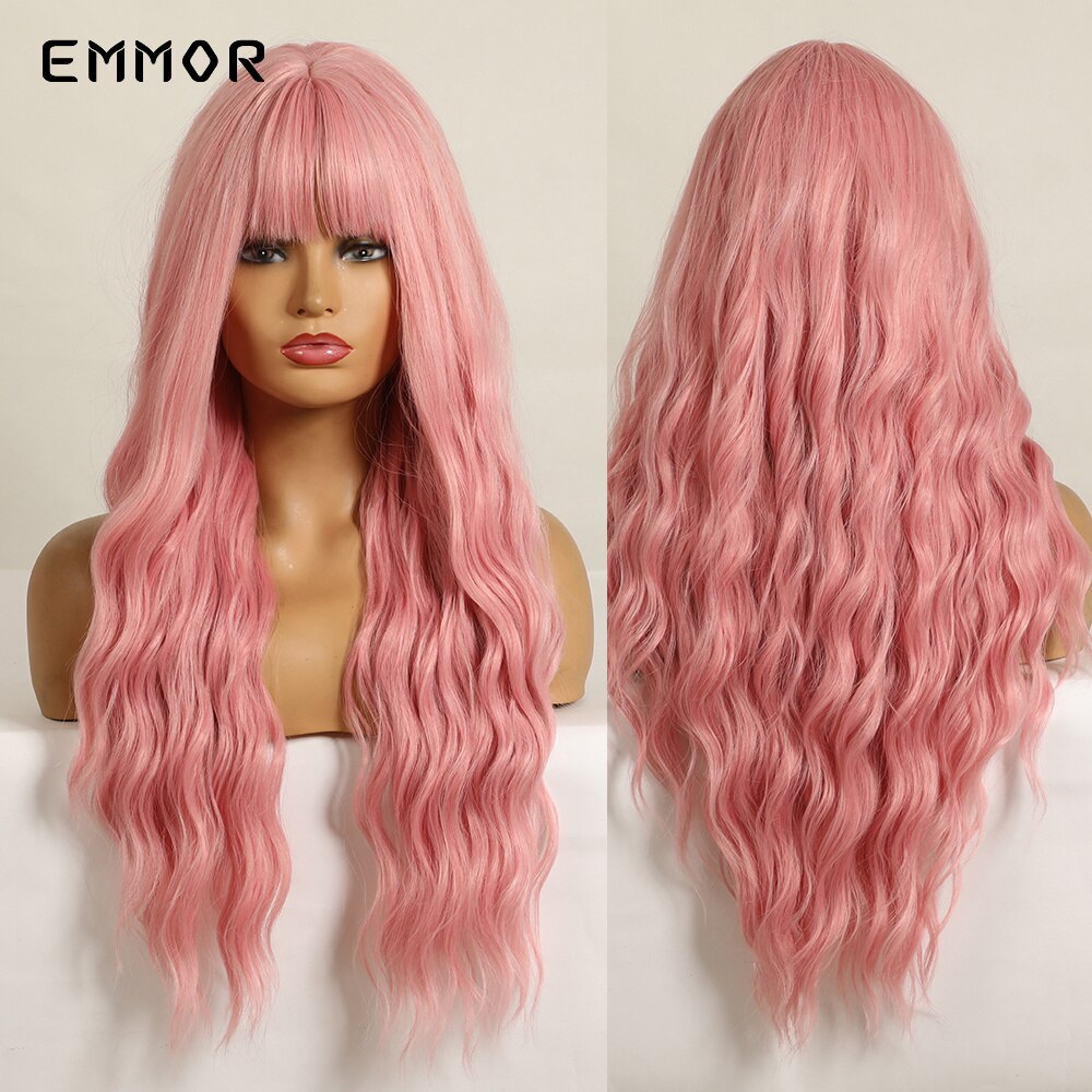 Synthetic Long Wavy Wigs with Bangs for Women Cosplay Natural Ombre Black to Pink Hair Wig High Temperature Fiber