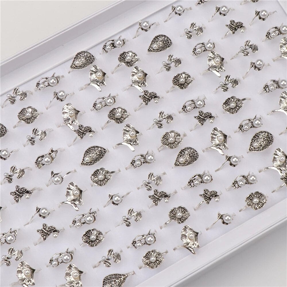 10Pcs/lot Vintage Flowers Pearl Silver Plated Rings For Women Mix Style Fashion Wedding Jewelry Party