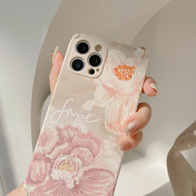 Retro big flower soft silicone 3d leather phone case for iphone 13 11 14 pro max 12 mini 7 8 plus x xr xs max cute conque shell