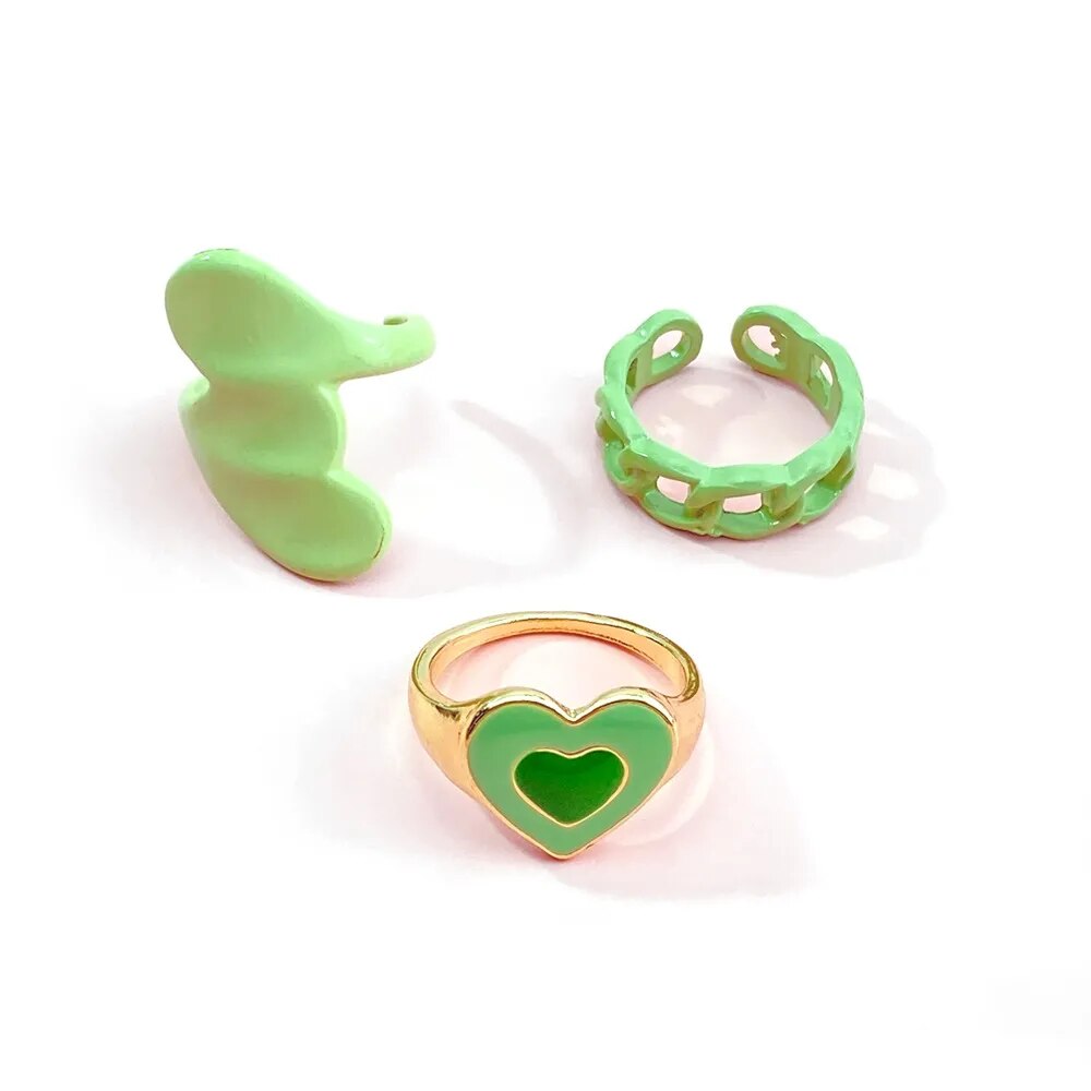 Y2K Style Korean Colorful Resin Chain Rings Set for Women Fashion Colorful Multilayered Heart Ring