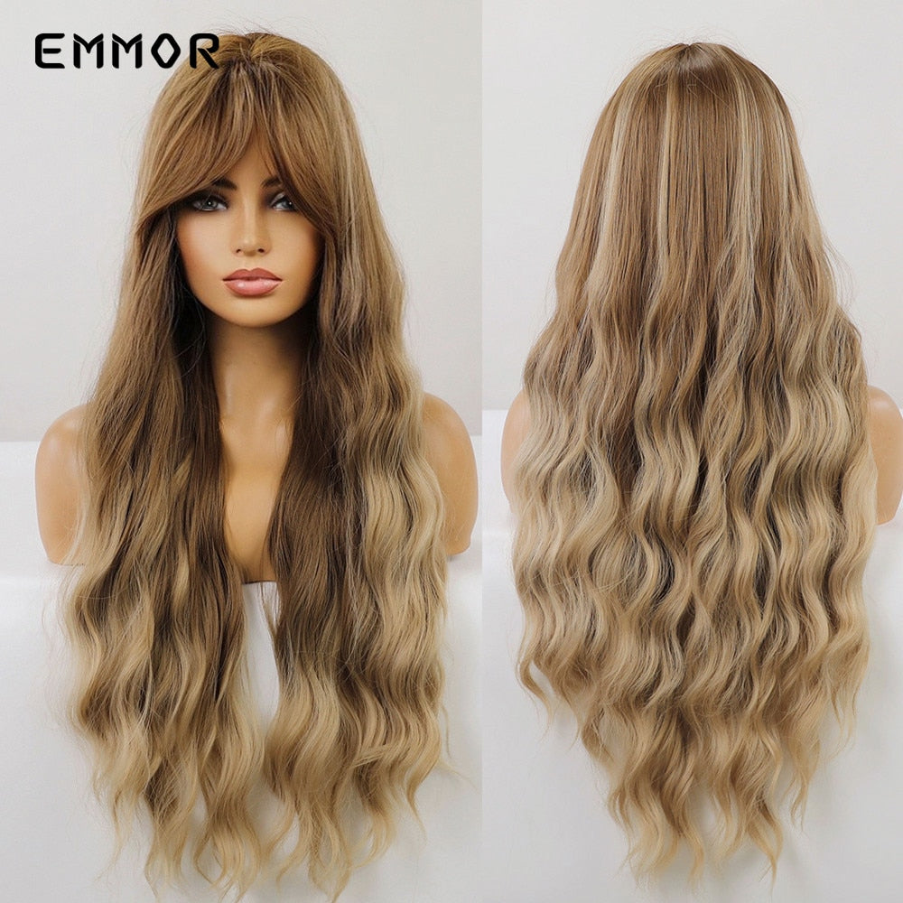 Synthetic Long Wavy Wigs with Bangs for Women Cosplay Natural Ombre Black to Pink Hair Wig High Temperature Fiber