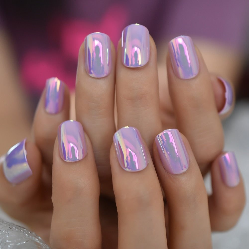 Nails Series Pink Purle Short Chrome Holographic Press On Nails Square Natural Shape Charming Manicure Tips 24pc