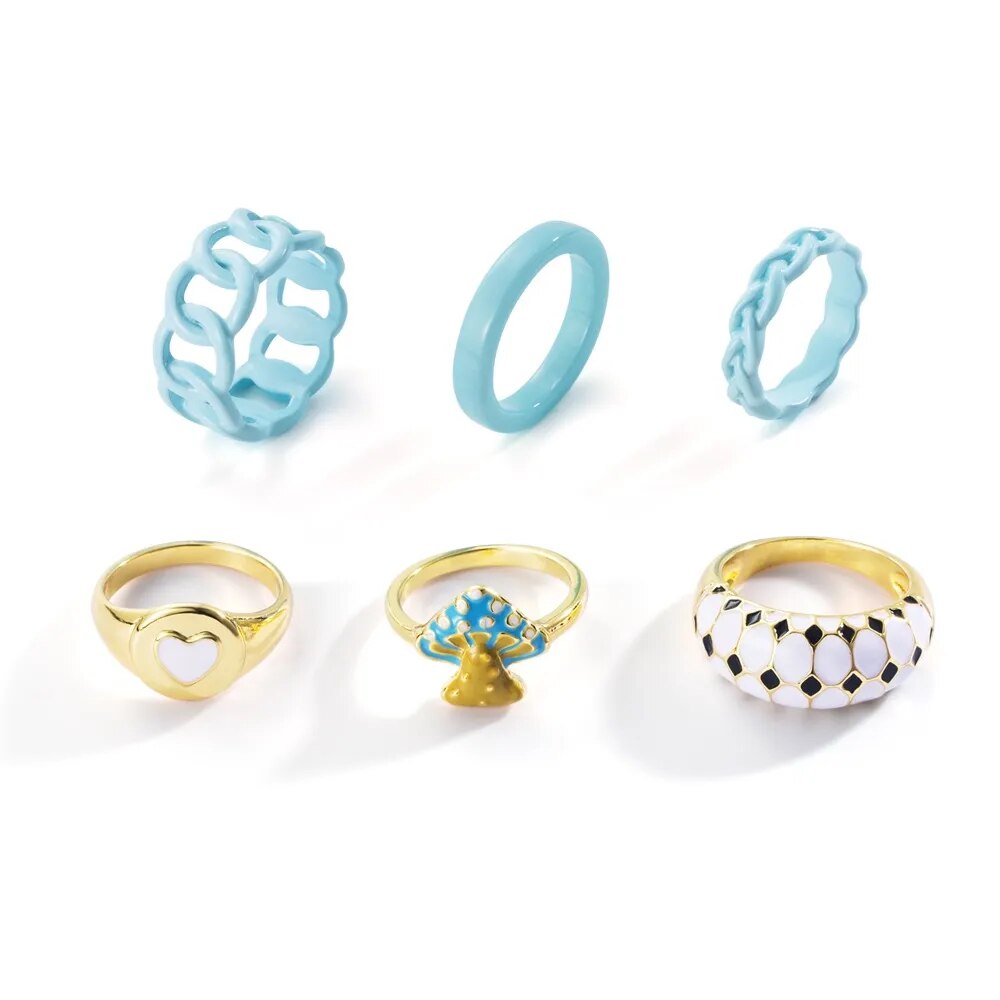 Y2K Style Korean Colorful Resin Chain Rings Set for Women Fashion Colorful Multilayered Heart Ring