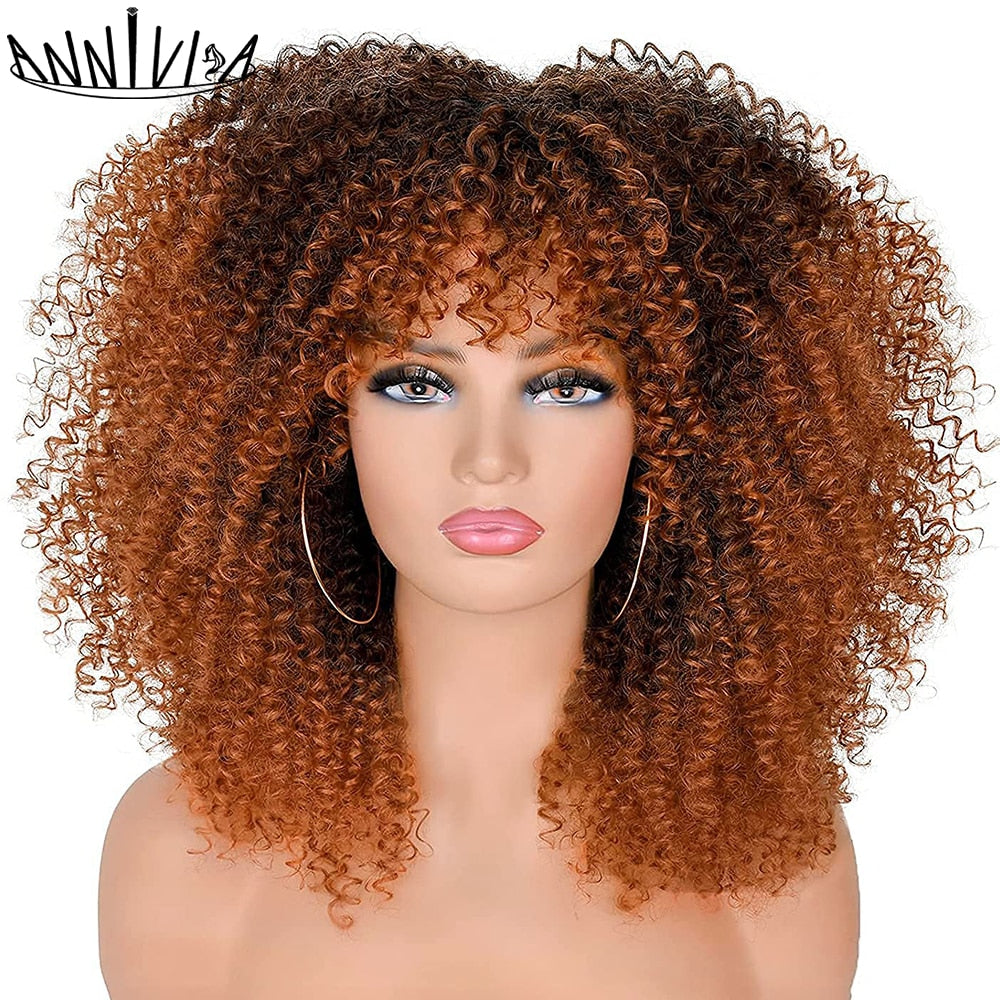 Short Hair Afro Kinky Curly Wigs With Bangs For Black Women Fluffy Synthetic African Ombre Glueless Brown Blonde Cosplay Wigs