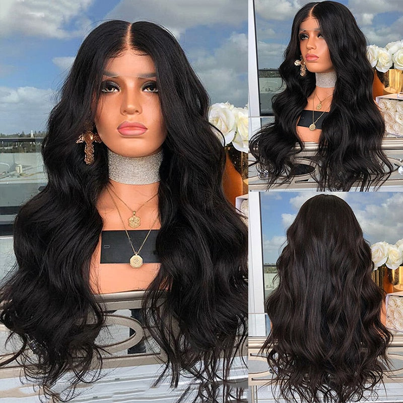 Long Body Wave Wig Middle Part Synthetic Lace Front Wigs for Women Pre Plucked Natural Hairline Wig Daily Use Cosplay Wig