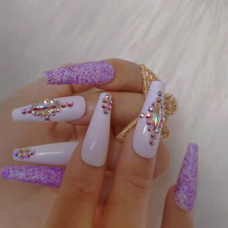 24pcs jewelry ballet coffin fake nails crystal diamond white