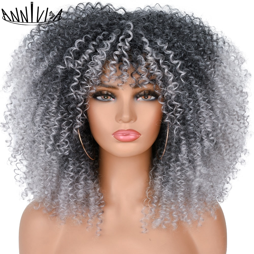 Short Hair Afro Kinky Curly Wigs With Bangs For Black Women Fluffy Synthetic African Ombre Glueless Brown Blonde Cosplay Wigs