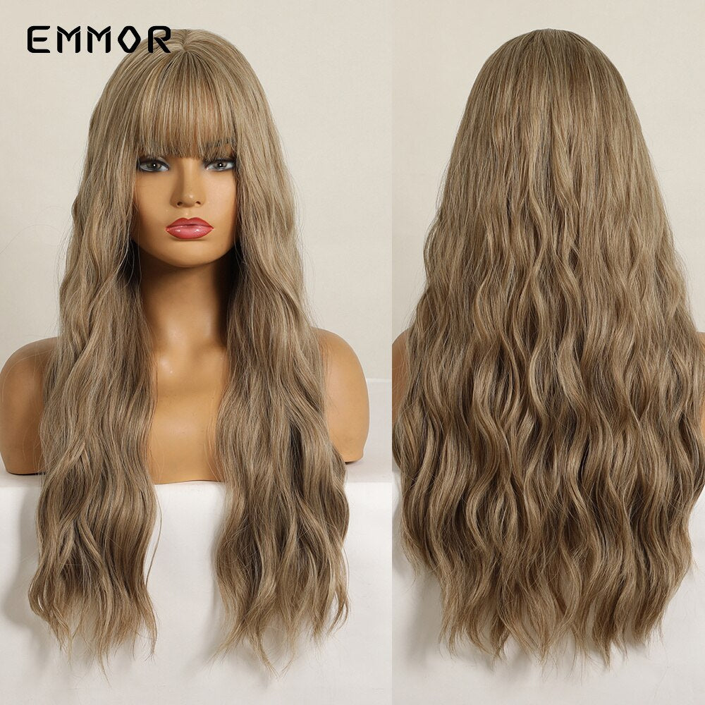 Synthetic Long Wavy Wigs with Bangs for Women Cosplay Natural Ombre Black to Pink Hair Wig High Temperature Fiber