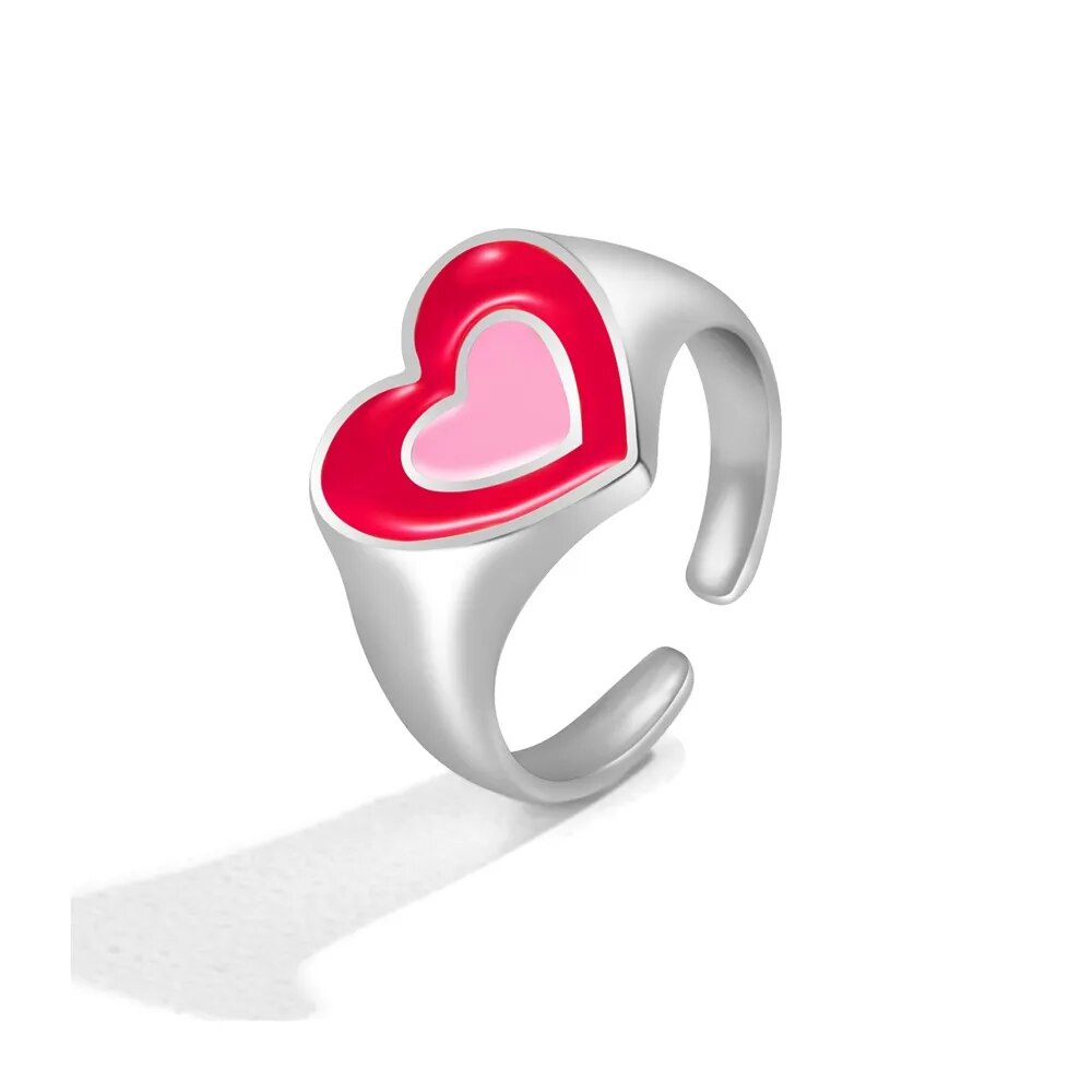 Y2K Style Korean Colorful Resin Chain Rings Set for Women Fashion Colorful Multilayered Heart Ring