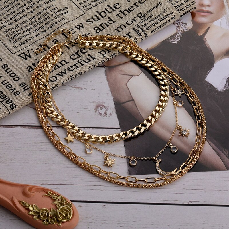 Vintage Mango Crystal Multilayer Pendant Chain Necklace Golden Necklaces For Women Jewelry