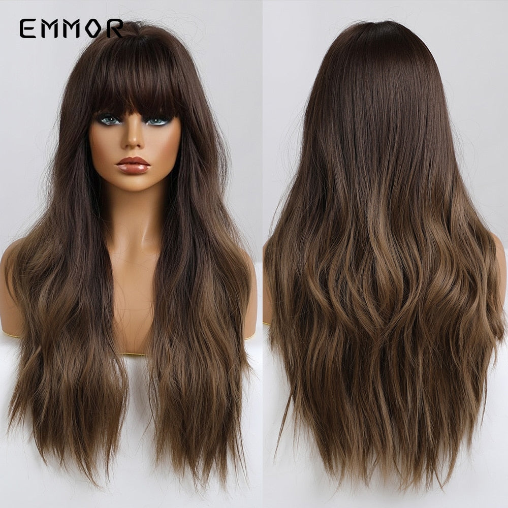 Synthetic Long Wavy Wigs with Bangs for Women Cosplay Natural Ombre Black to Pink Hair Wig High Temperature Fiber