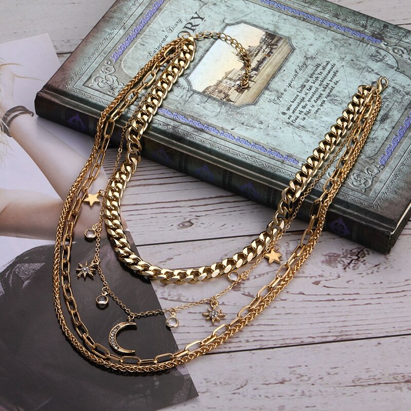 Vintage Mango Crystal Multilayer Pendant Chain Necklace Golden Necklaces For Women Jewelry