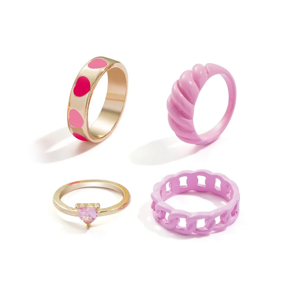 Y2K Style Korean Colorful Resin Chain Rings Set for Women Fashion Colorful Multilayered Heart Ring