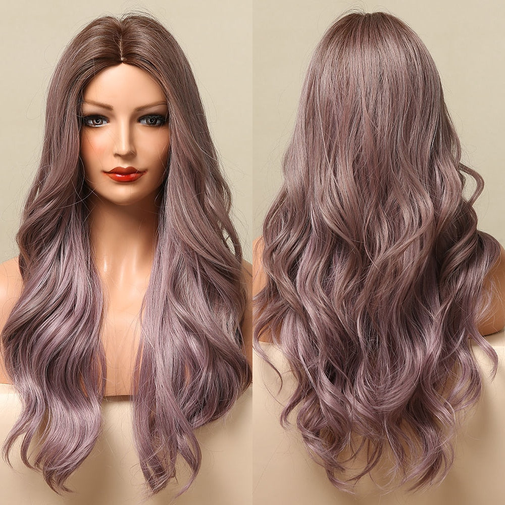 Long Wavy Ombre Brown Purple Synthetic Wigs for Women Heat Resistant Natural Middle Part Cosplay Party Lolita Hair Wigs