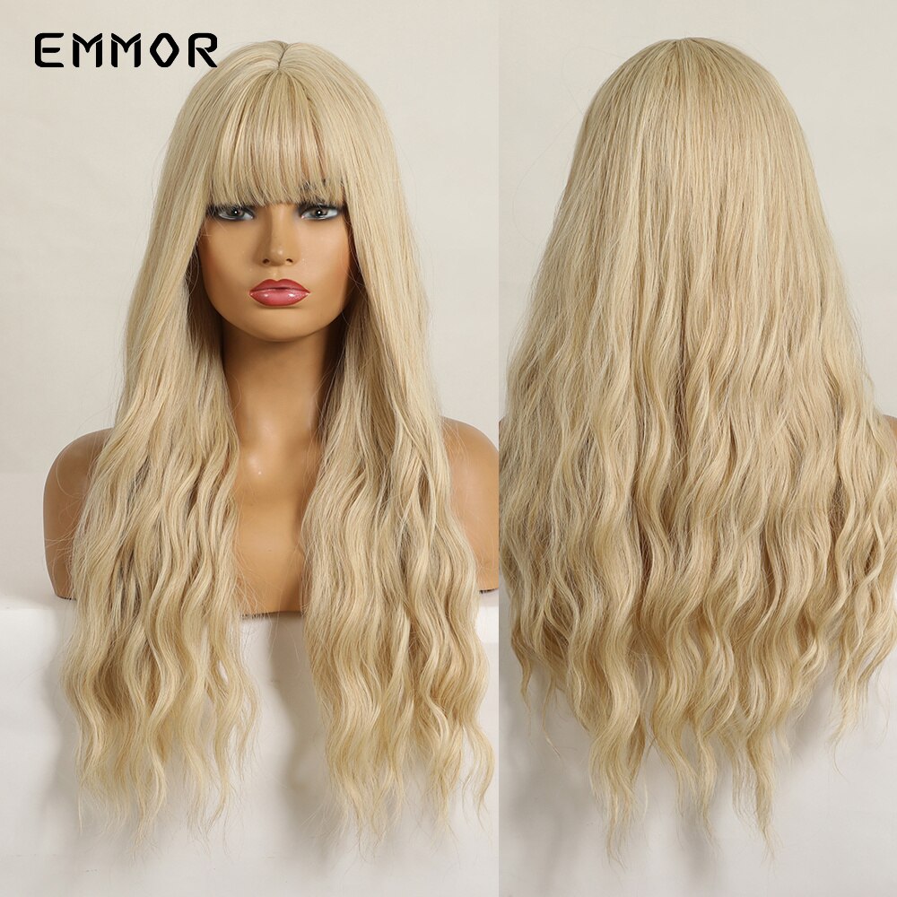 Synthetic Long Wavy Wigs with Bangs for Women Cosplay Natural Ombre Black to Pink Hair Wig High Temperature Fiber