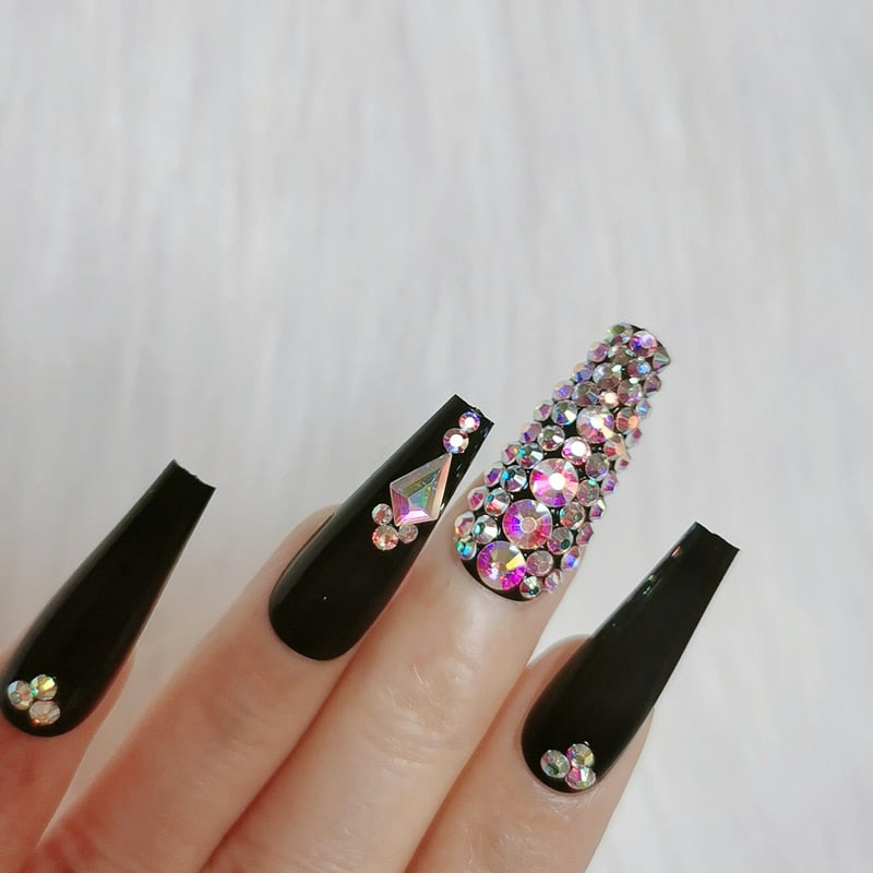 24pcs luxury jewelry ballet coffin fake nails crystal diamond black