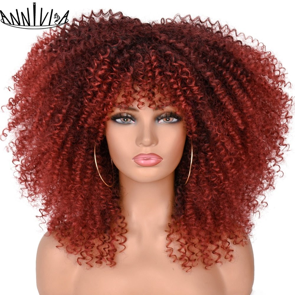 Short Hair Afro Kinky Curly Wigs With Bangs For Black Women Fluffy Synthetic African Ombre Glueless Brown Blonde Cosplay Wigs