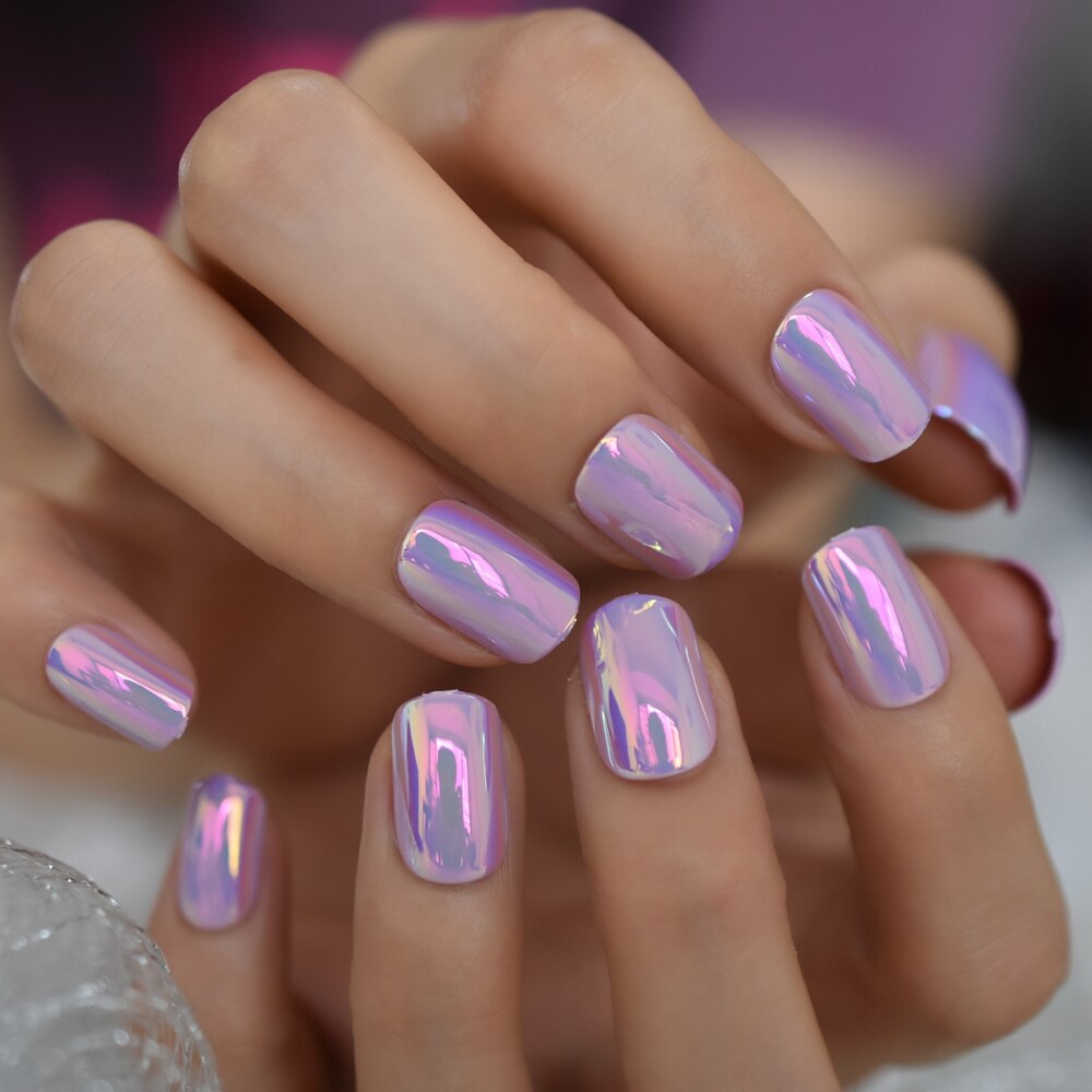 Nails Series Pink Purle Short Chrome Holographic Press On Nails Square Natural Shape Charming Manicure Tips 24pc