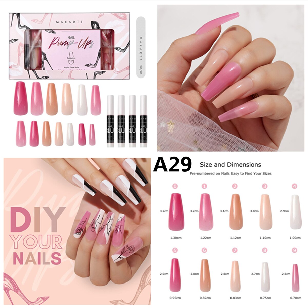 Acrylic Nail Kit Press On Nails Set 240pcs Ballerina Nail Tips Full Cover Nude 4pcs Nail Glues 1pcs Fake Nail