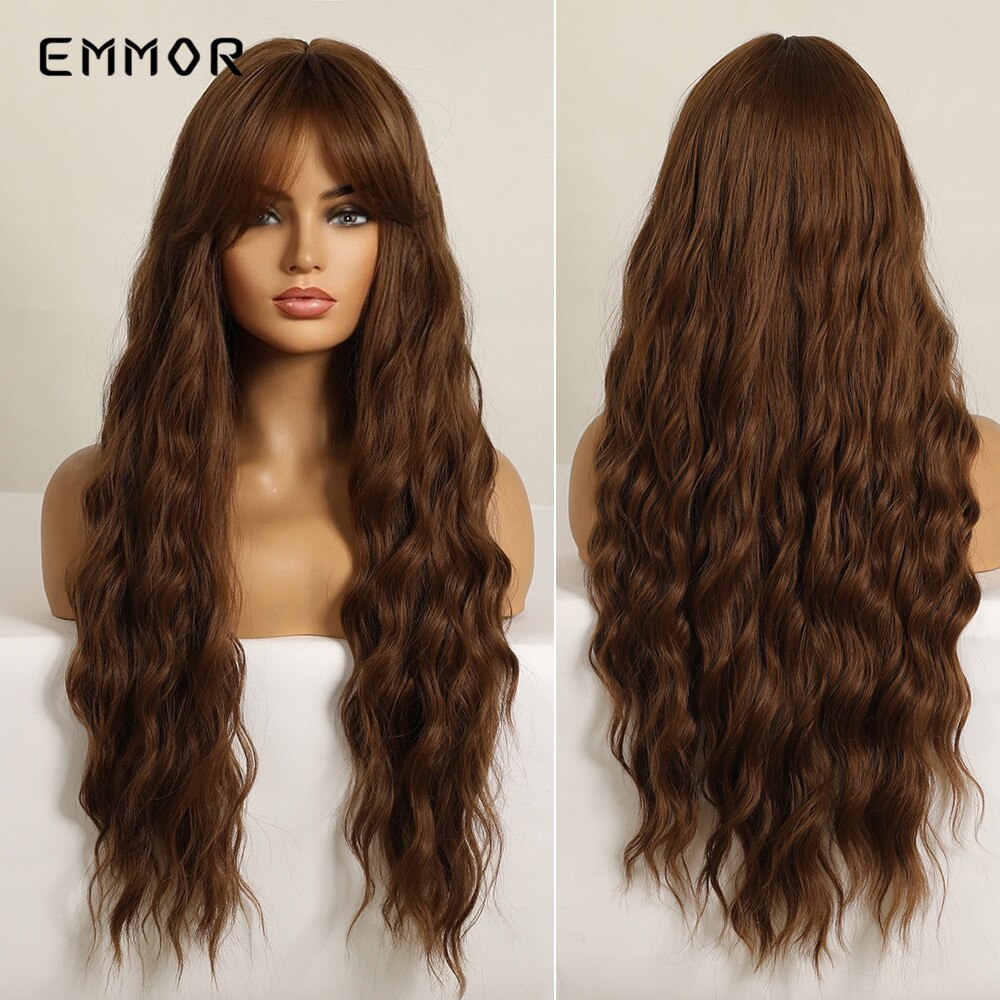 Synthetic Long Wavy Wigs with Bangs for Women Cosplay Natural Ombre Black to Pink Hair Wig High Temperature Fiber