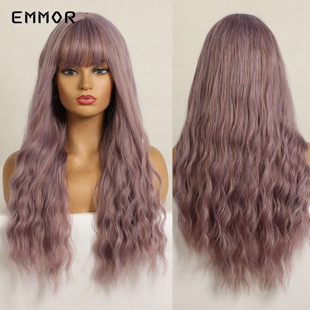 Synthetic Long Wavy Wigs with Bangs for Women Cosplay Natural Ombre Black to Pink Hair Wig High Temperature Fiber