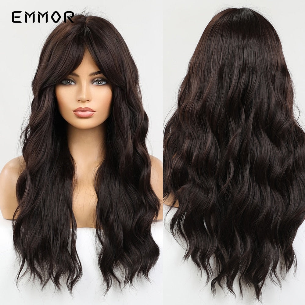 Synthetic Long Wavy Wigs with Bangs for Women Cosplay Natural Ombre Black to Pink Hair Wig High Temperature Fiber