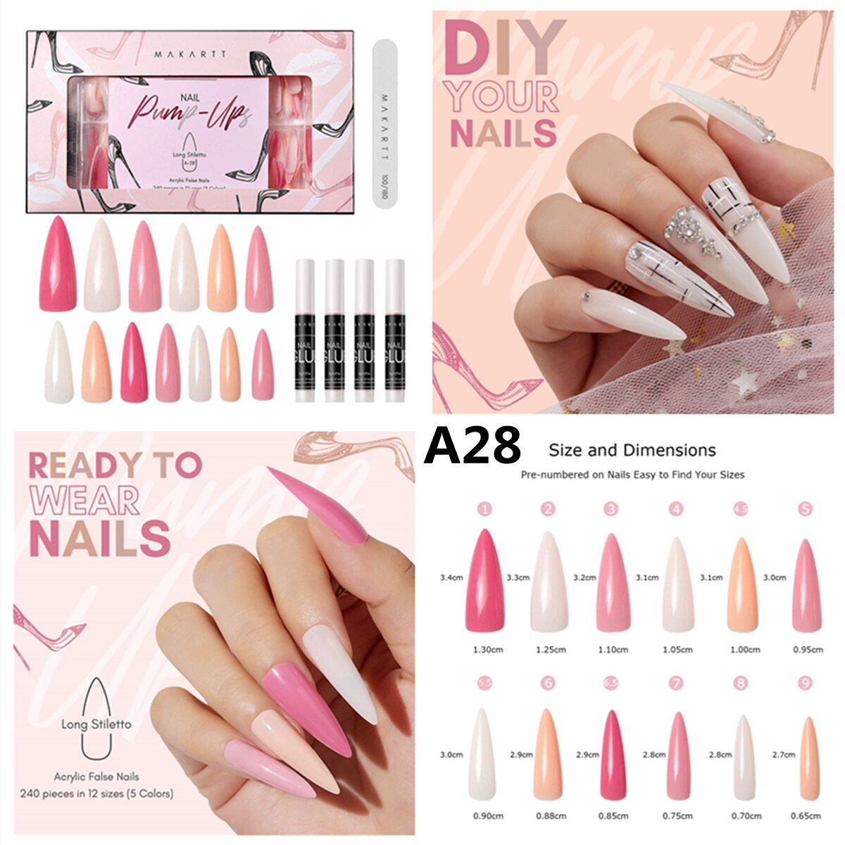 Acrylic Nail Kit Press On Nails Set 240pcs Ballerina Nail Tips Full Cover Nude 4pcs Nail Glues 1pcs Fake Nail