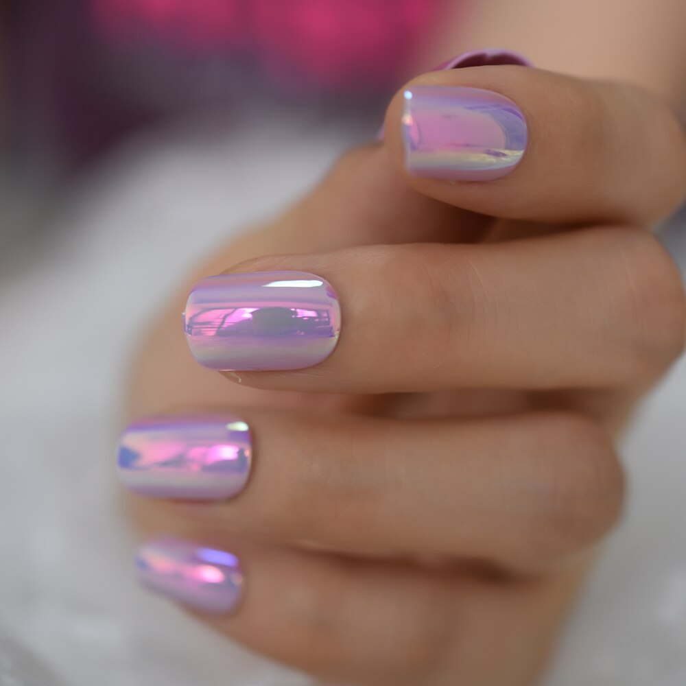 Nails Series Pink Purle Short Chrome Holographic Press On Nails Square Natural Shape Charming Manicure Tips 24pc