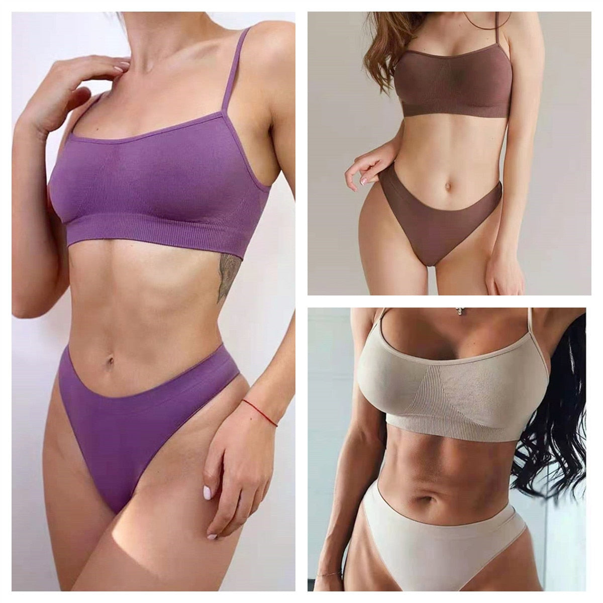 Women Seamless Bra Set Sexy Lingerie Low Waist Thongs Panties Female Comfort Bralette Brassiere Sports Ribbed Underwear Set