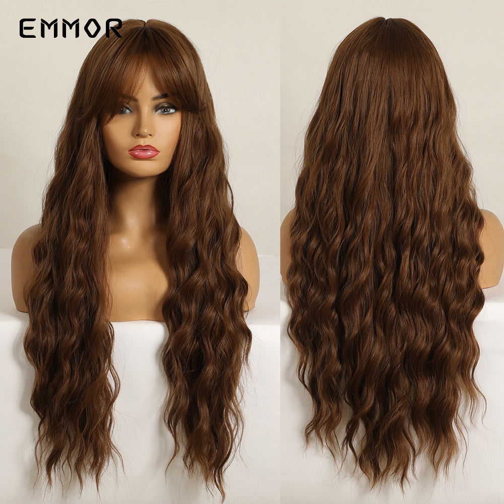 Synthetic Long Wavy Wigs with Bangs for Women Cosplay Natural Ombre Black to Pink Hair Wig High Temperature Fiber