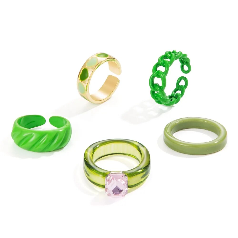 Y2K Style Korean Colorful Resin Chain Rings Set for Women Fashion Colorful Multilayered Heart Ring