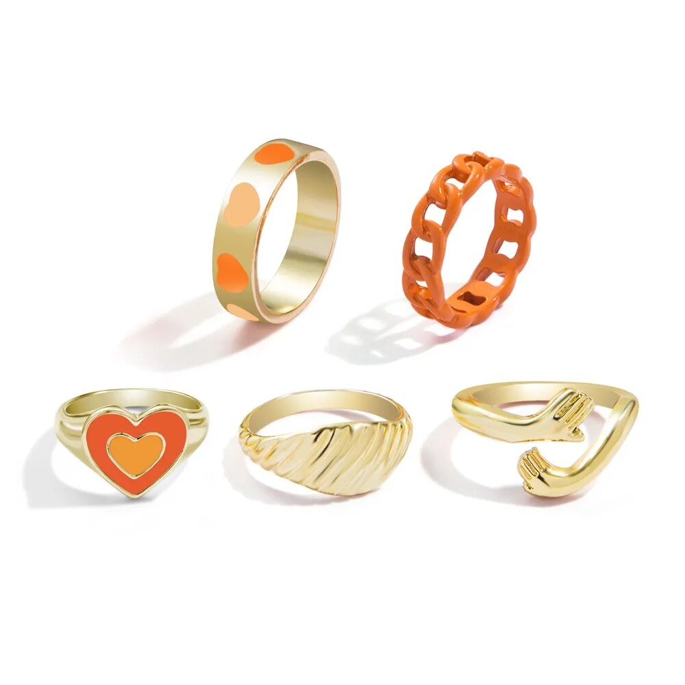 Y2K Style Korean Colorful Resin Chain Rings Set for Women Fashion Colorful Multilayered Heart Ring