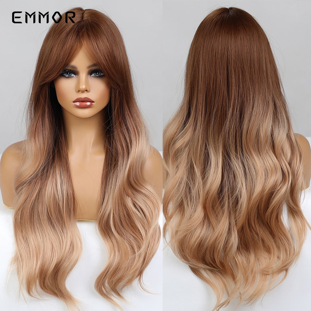 Synthetic Long Wavy Wigs with Bangs for Women Cosplay Natural Ombre Black to Pink Hair Wig High Temperature Fiber