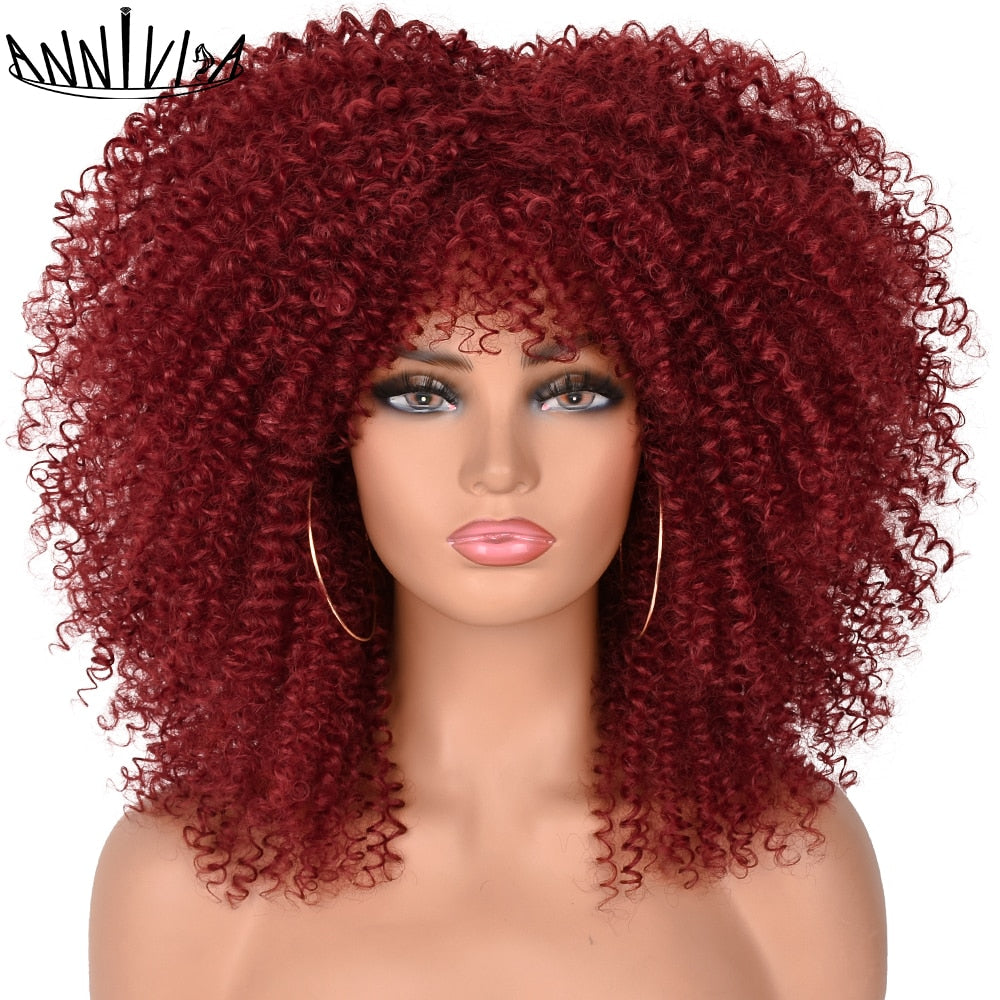 Short Hair Afro Kinky Curly Wigs With Bangs For Black Women Fluffy Synthetic African Ombre Glueless Brown Blonde Cosplay Wigs