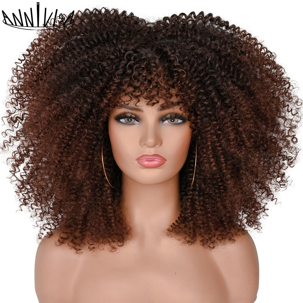 Short Hair Afro Kinky Curly Wigs With Bangs For Black Women Fluffy Synthetic African Ombre Glueless Brown Blonde Cosplay Wigs